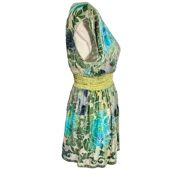 Hale Bob Babydoll Velvet Burnout Top Womens Small Green Blue Floral Boho Fairy - Picture 3 of 12